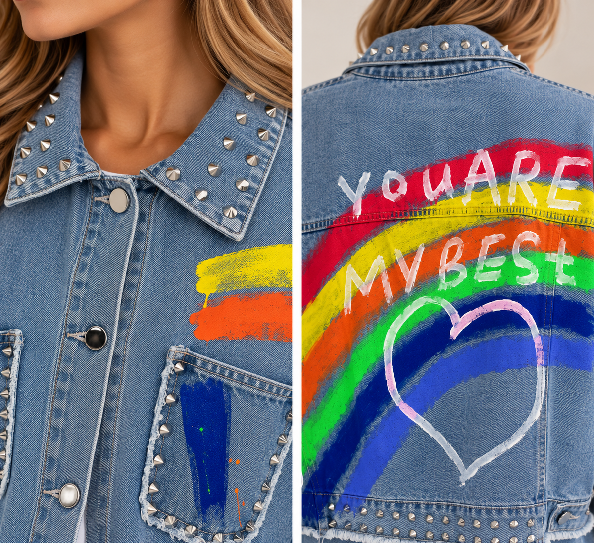Jachetă din denim cu imprimeu colorat și ținte