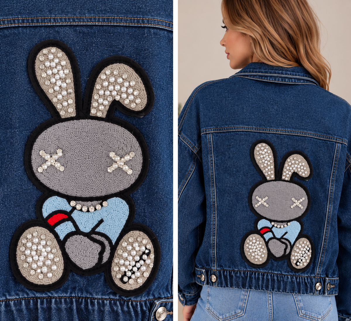 Jachetă din denim cu aplicație iepuraș și perle