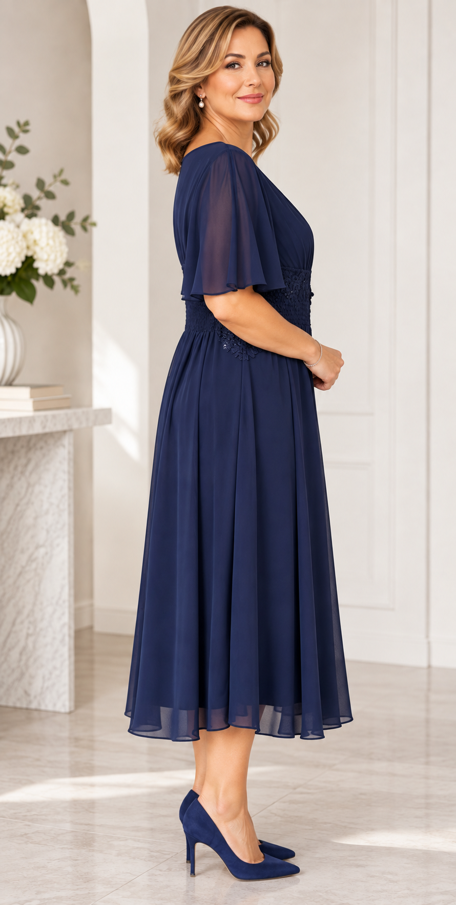 Rochie elegantă bleumarin cu aplicație florală
