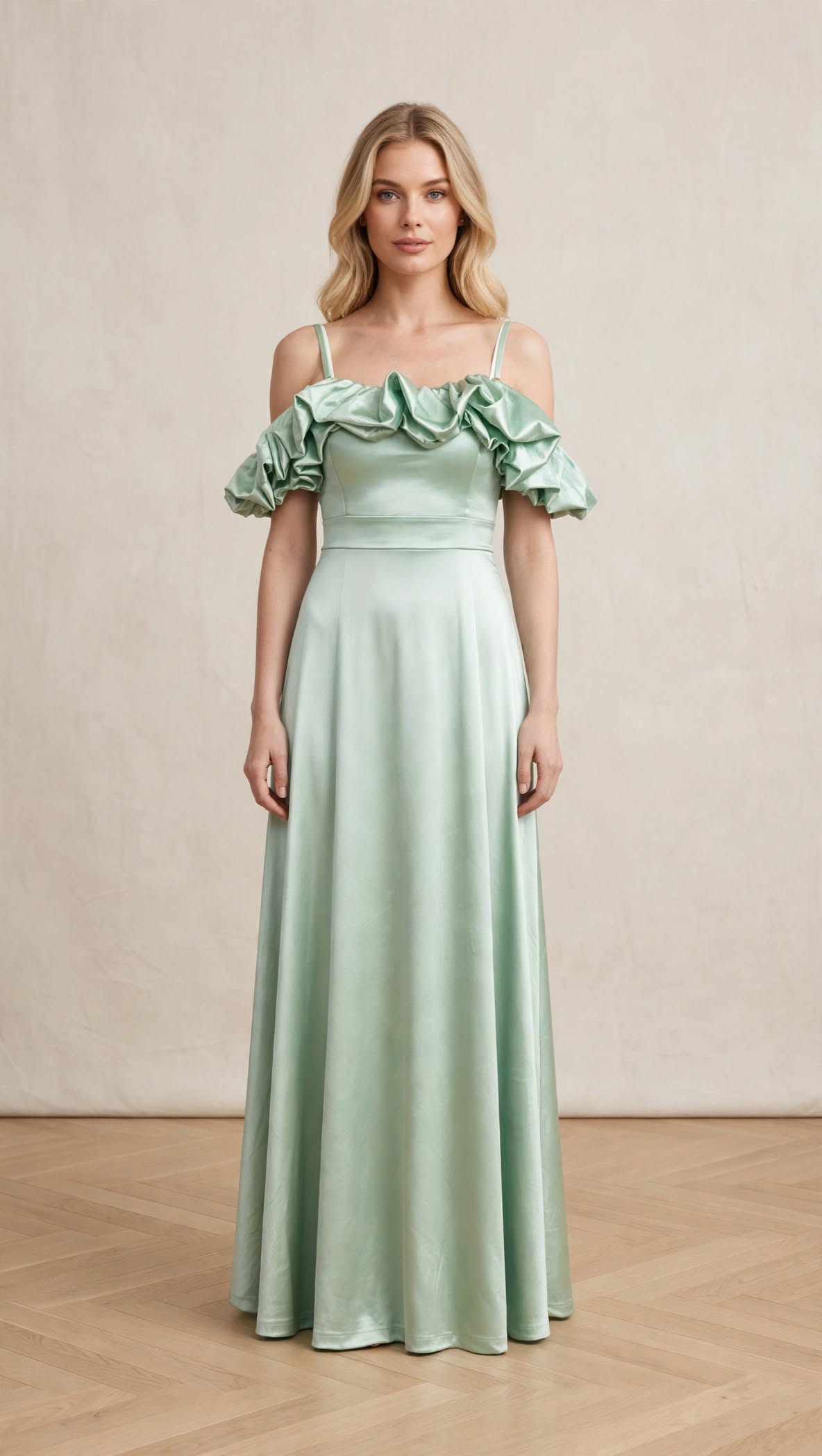 Rochie lungă verde mentă din satin cu volane