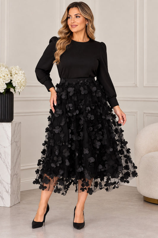 Fustă midi neagră din tulle cu aplicații florale