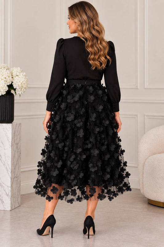 Fustă midi neagră din tulle cu aplicații florale