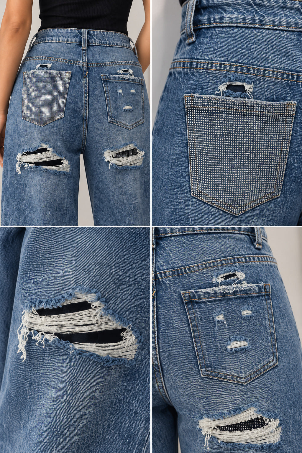 Blugi damă wide leg cu talie înaltă și detalii rupte