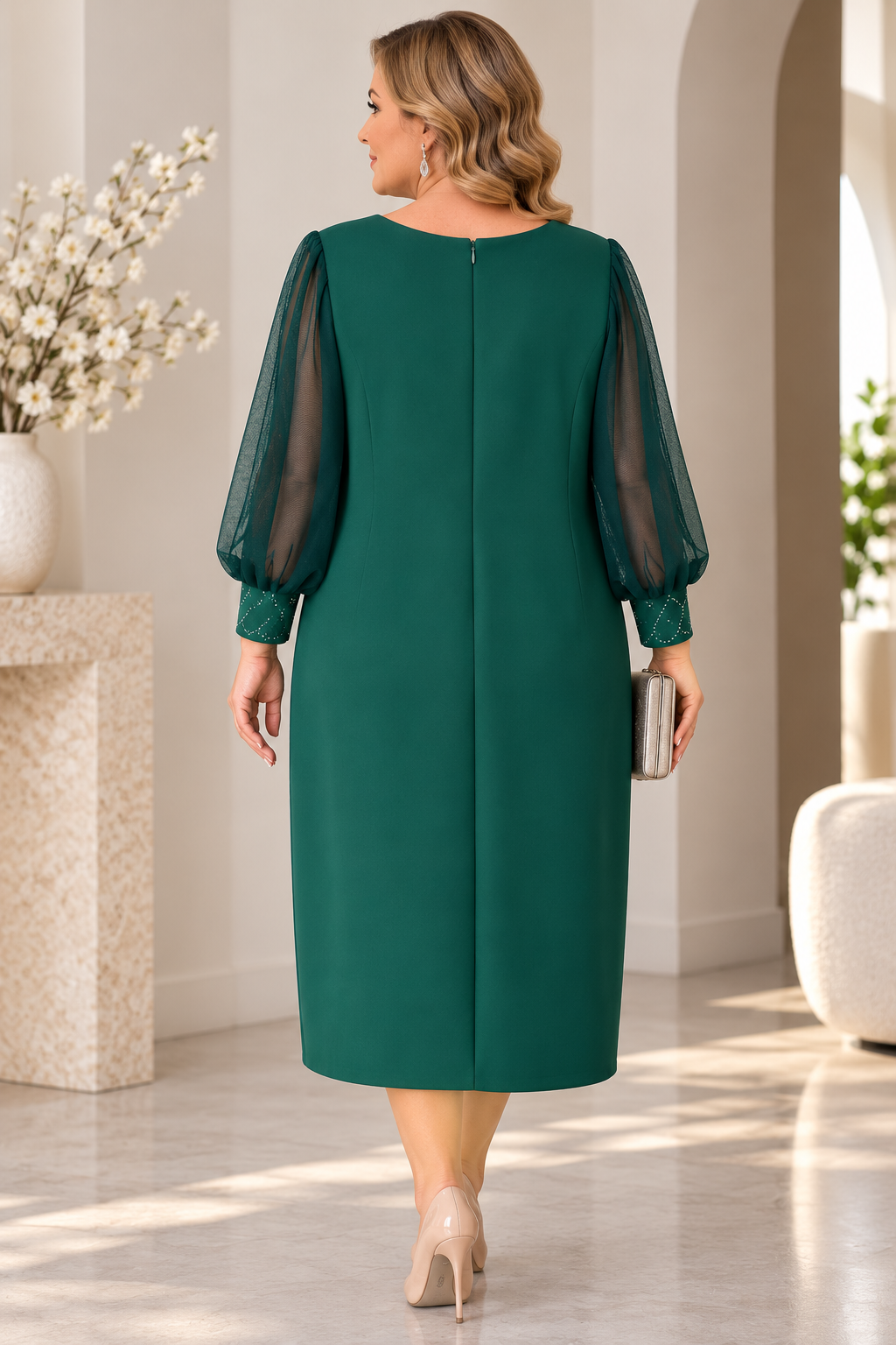 Rochie midi verde smarald cu volan și aplicație florală
