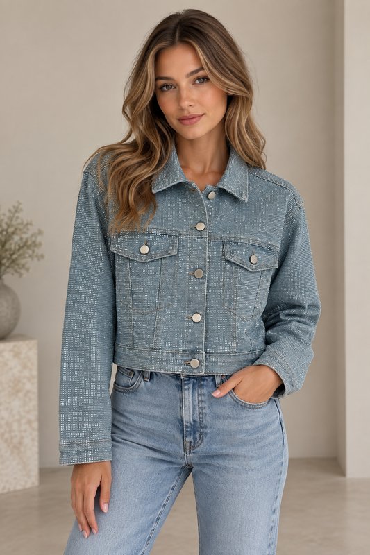 Jachetă scurtă din denim cu strasuri