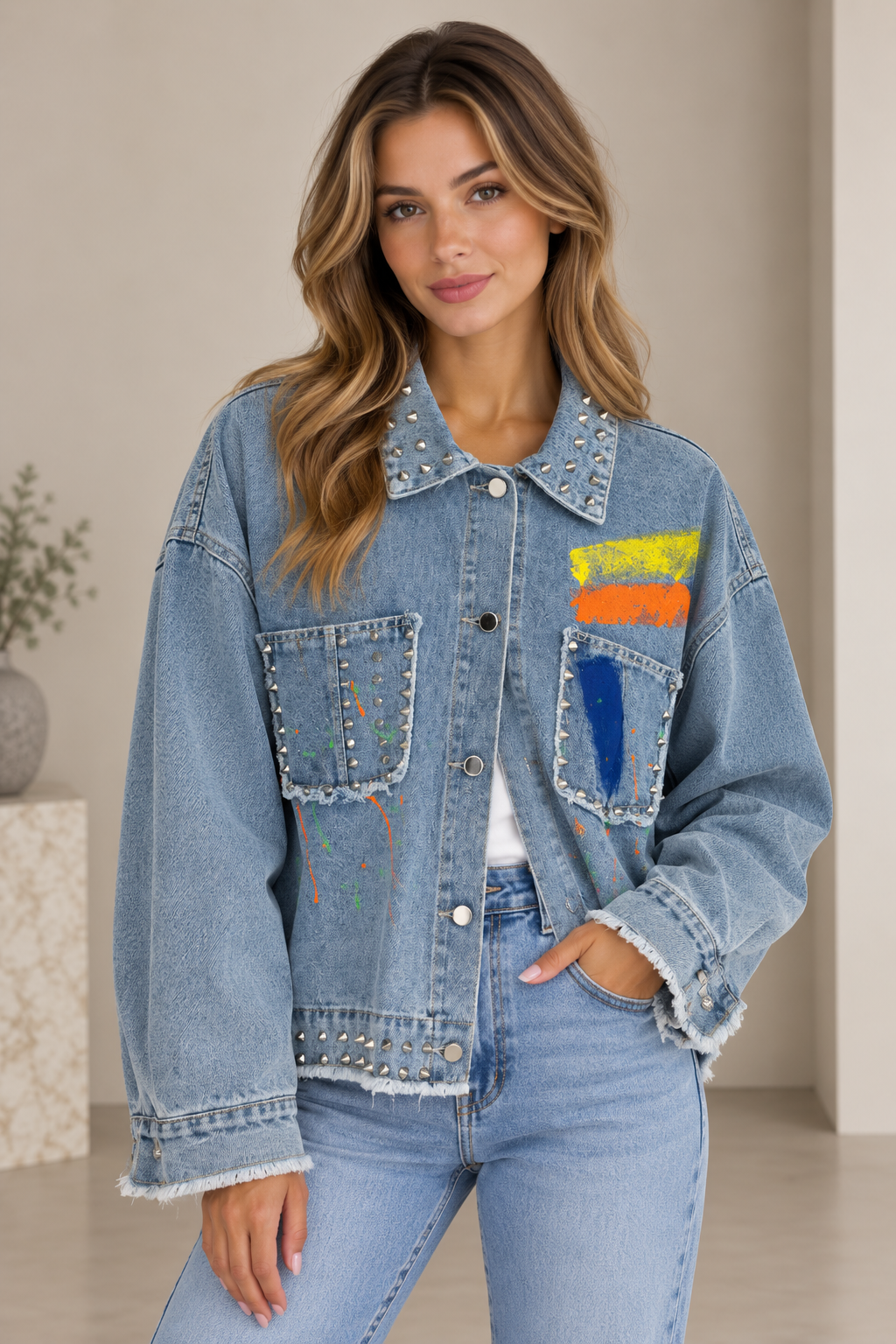 Jachetă din denim cu imprimeu colorat și ținte