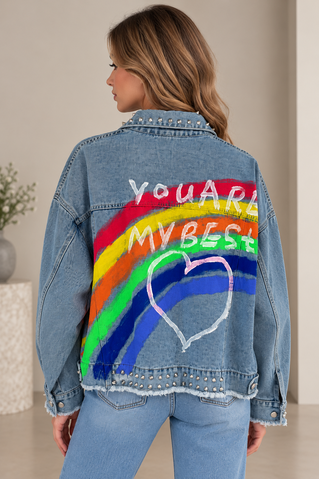 Jachetă din denim cu imprimeu colorat și ținte