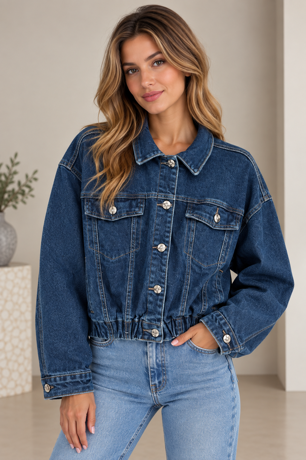 Jachetă din denim cu aplicație iepuraș și perle