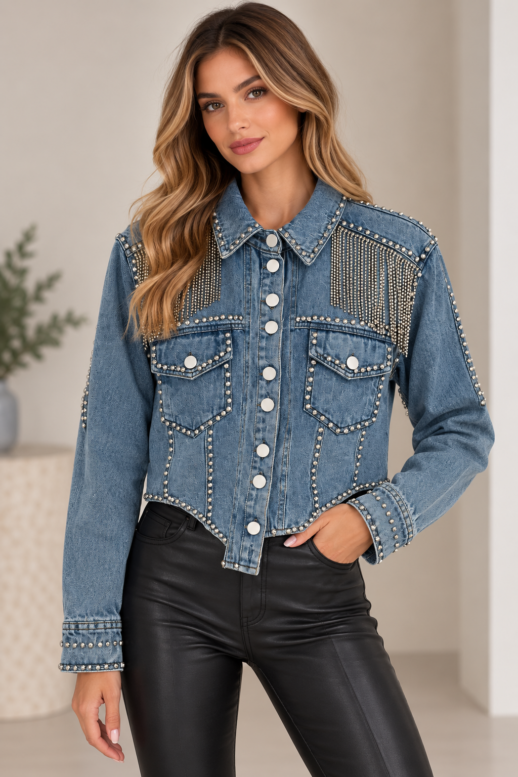 Jachetă din denim cu aplicații strălucitoare