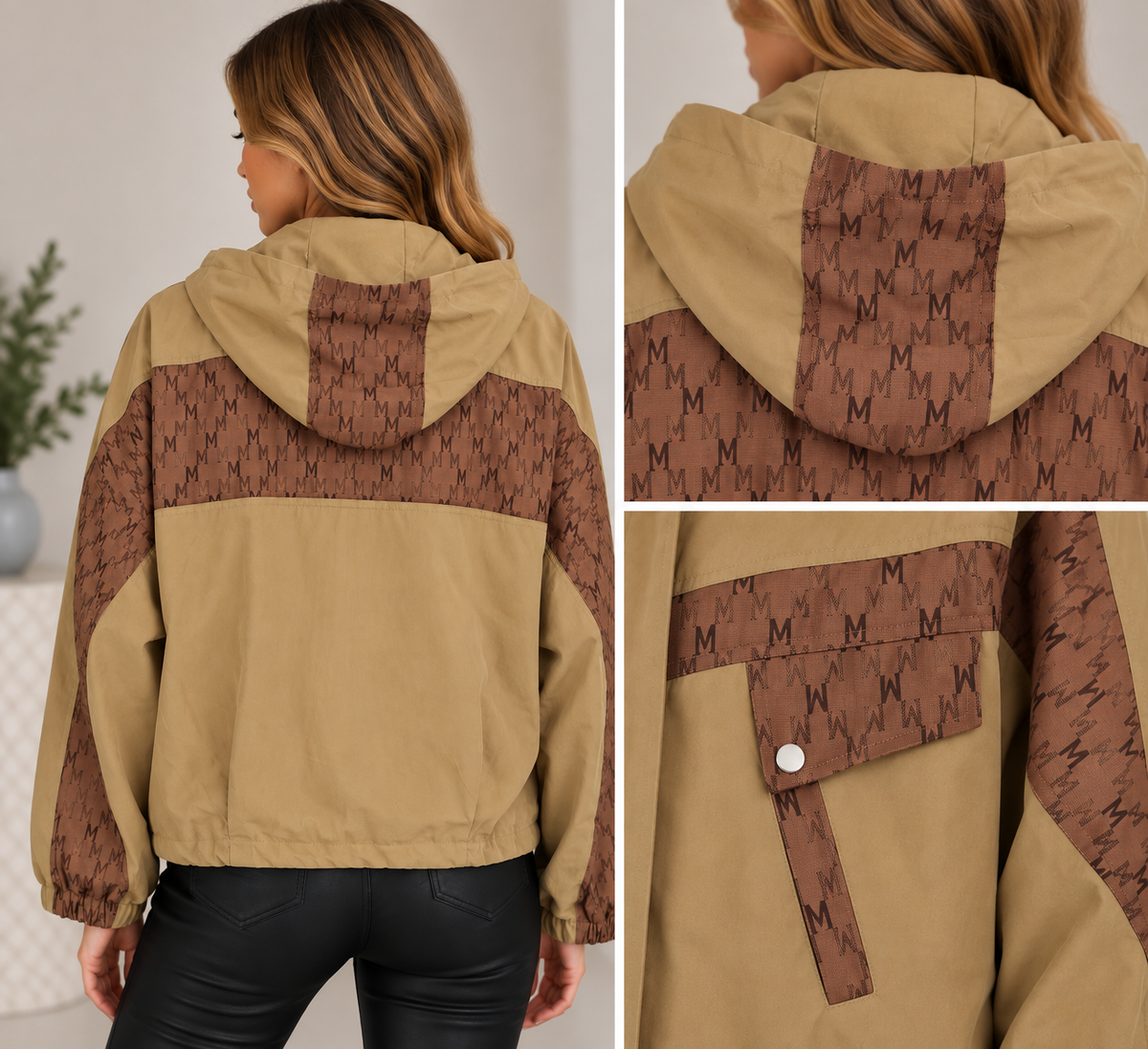 Jachetă bej cu glugă și detalii monogram