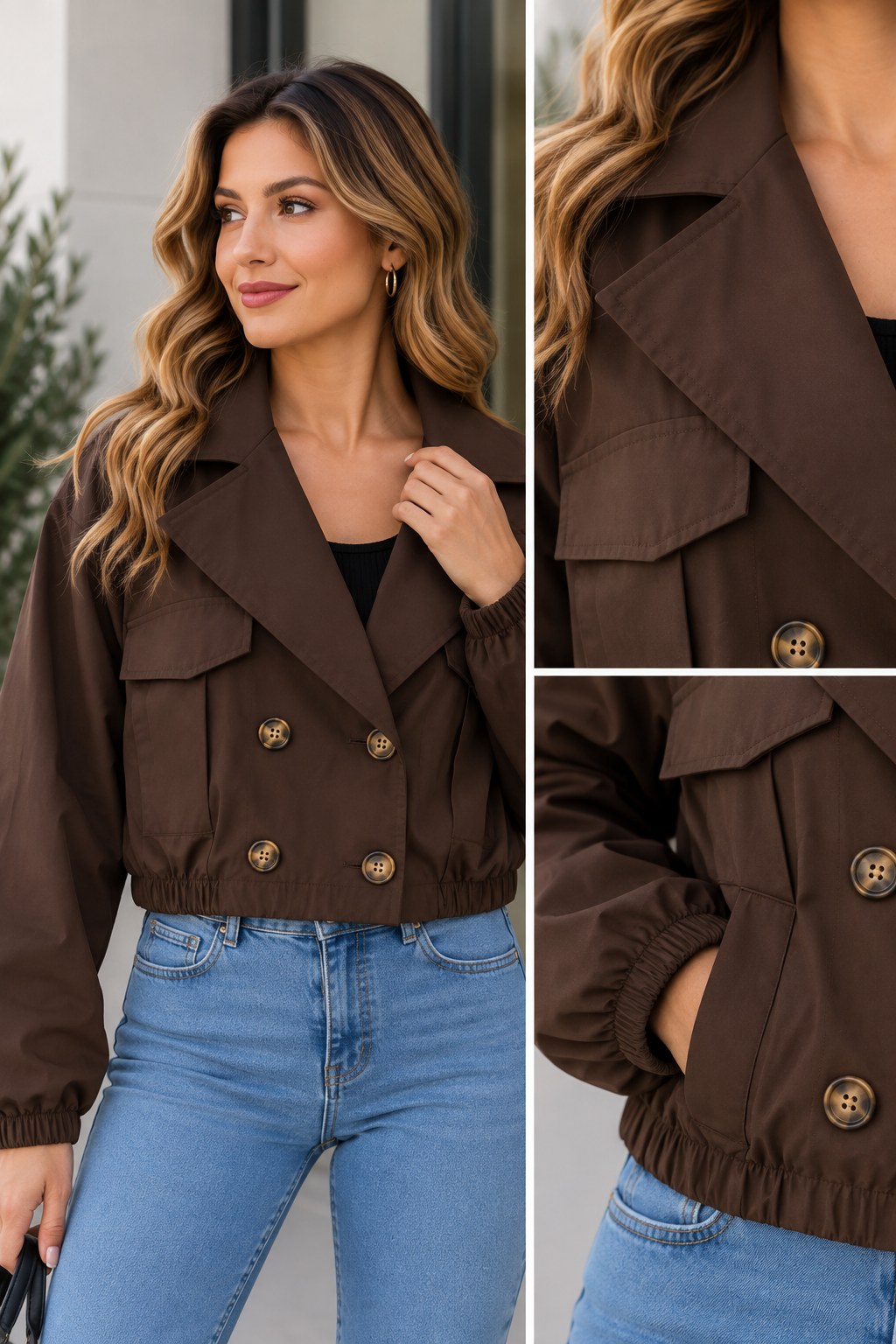 Geacă scurtă damă tip trench – maro ciocolata