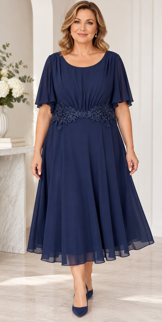 Rochie elegantă bleumarin cu aplicație florală