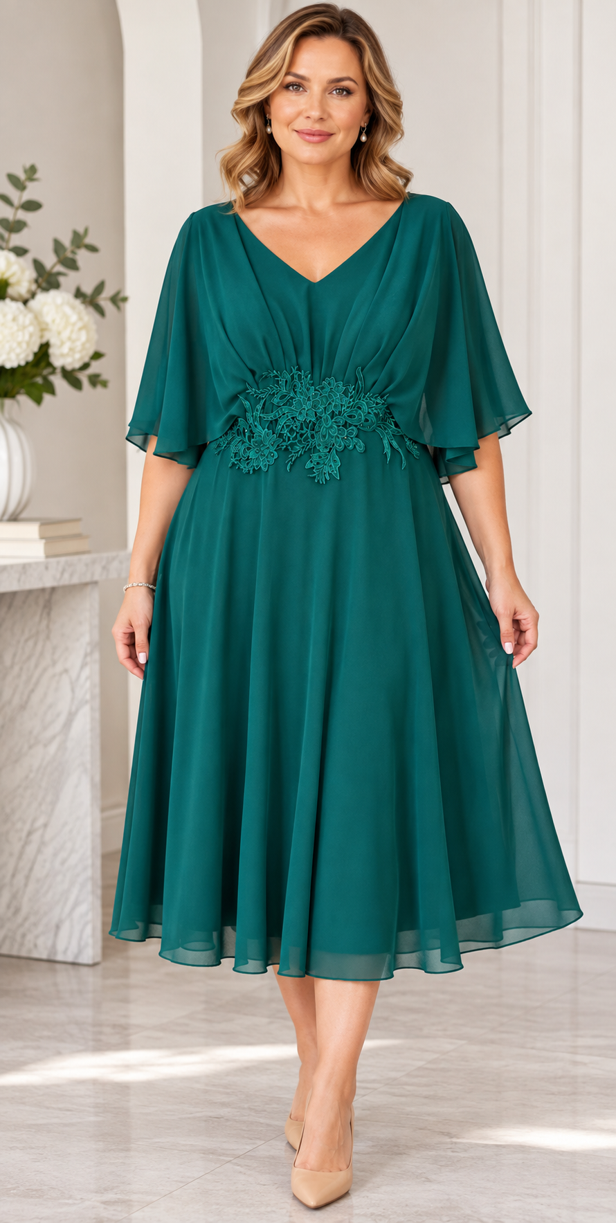 Rochie elegantă verde smarald cu aplicație florală