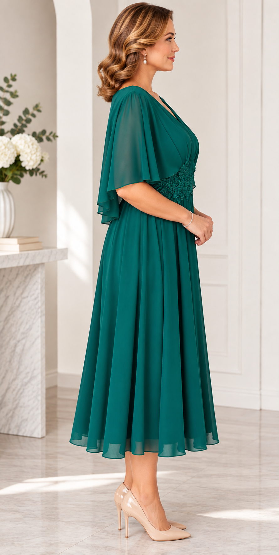 Rochie elegantă verde smarald cu aplicație florală