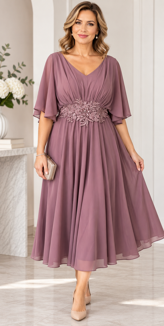 Rochie elegantă roz pudrat cu aplicație florală