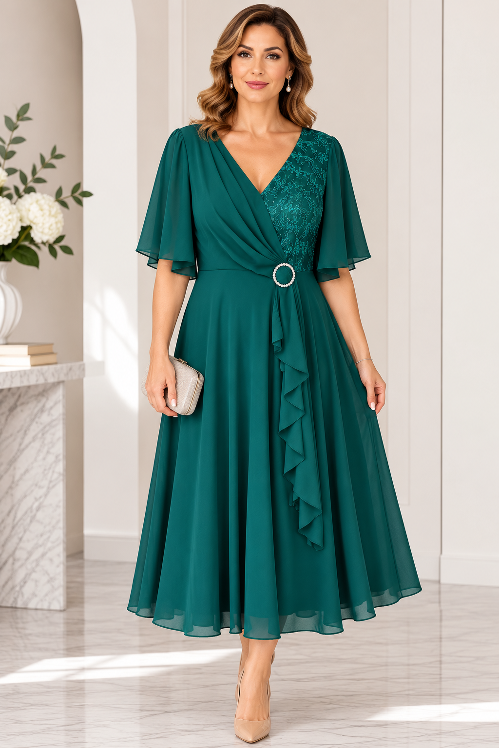 Rochie elegantă verde smarald cu dantelă și detaliu strălucitor