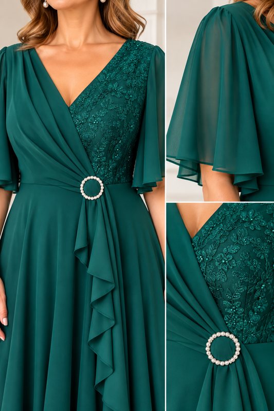 Rochie elegantă verde smarald cu dantelă și detaliu strălucitor