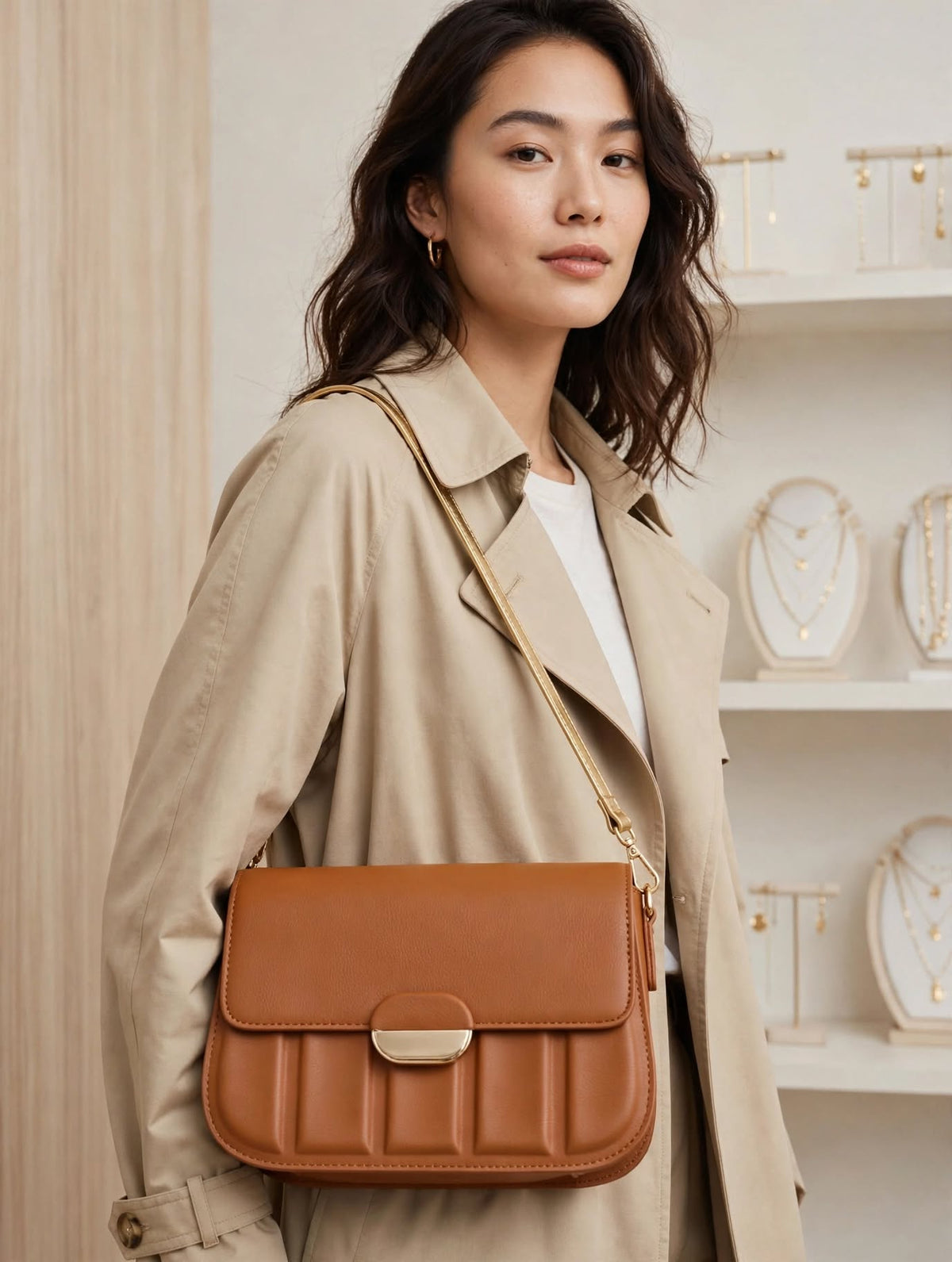 Geantă Crossbody Camel cu Detaliu Matlasat și Cataramă Aurie