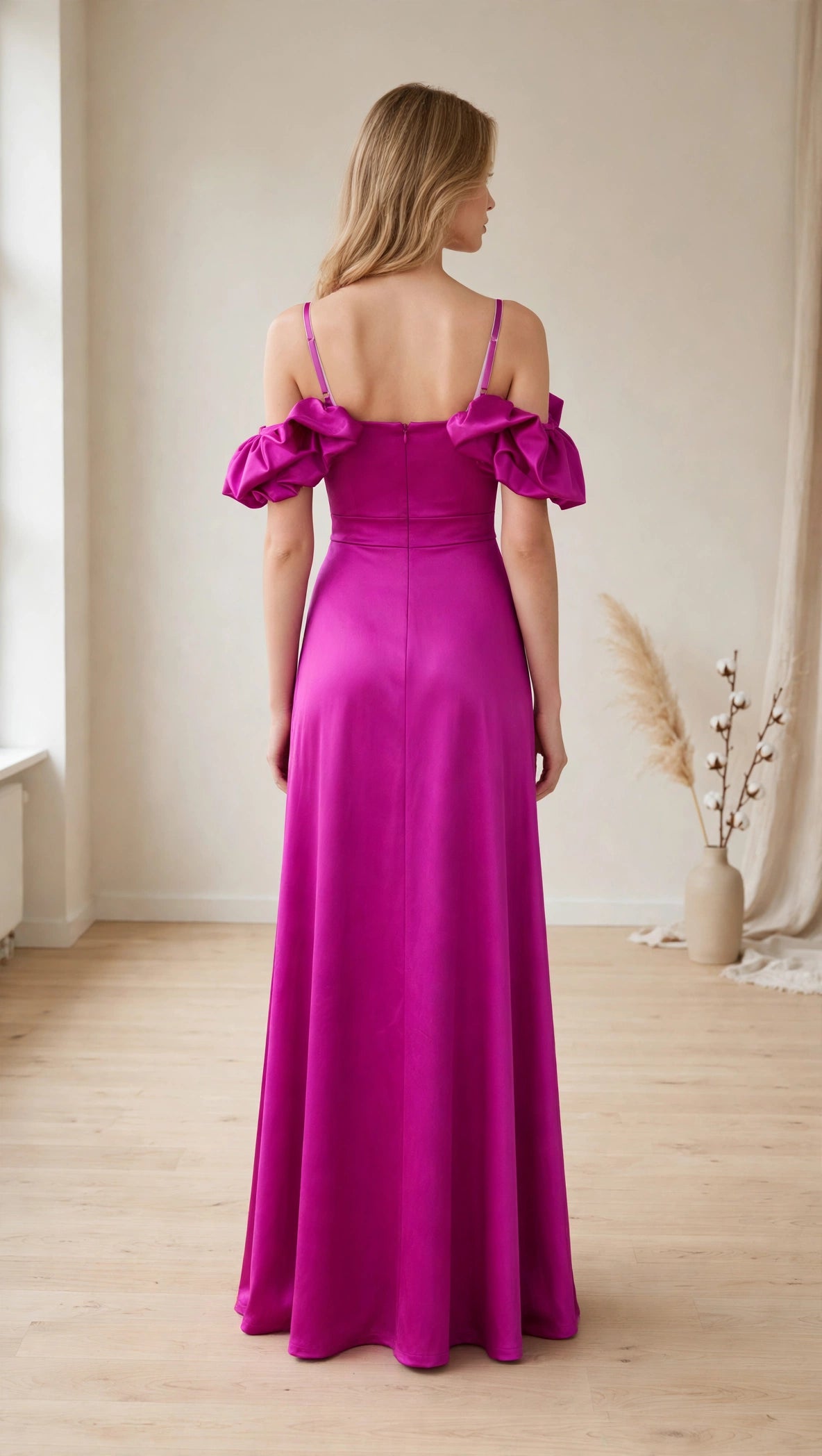 Rochie Lungă Elegantă Fuchsia Satin cu Volane