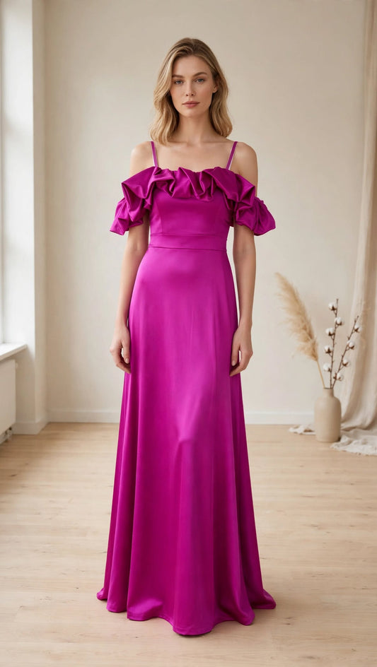 Rochie Lungă Elegantă Fuchsia Satin cu Volane