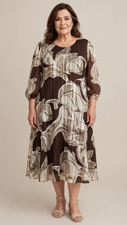 Rochie midi maro cu imprimeu floral abstract
