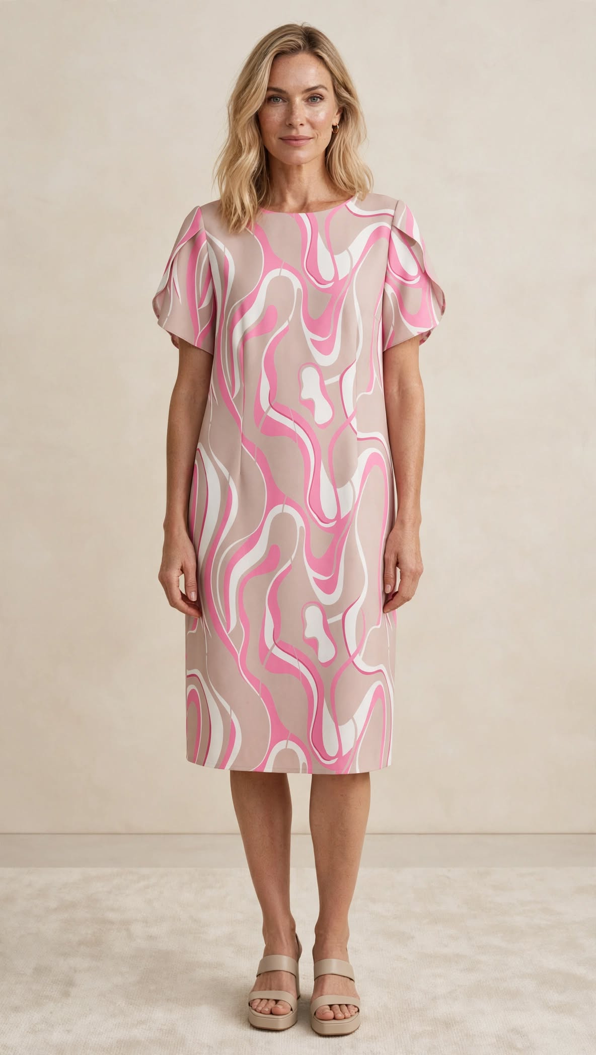 Rochie midi roz-bej cu imprimeu abstract