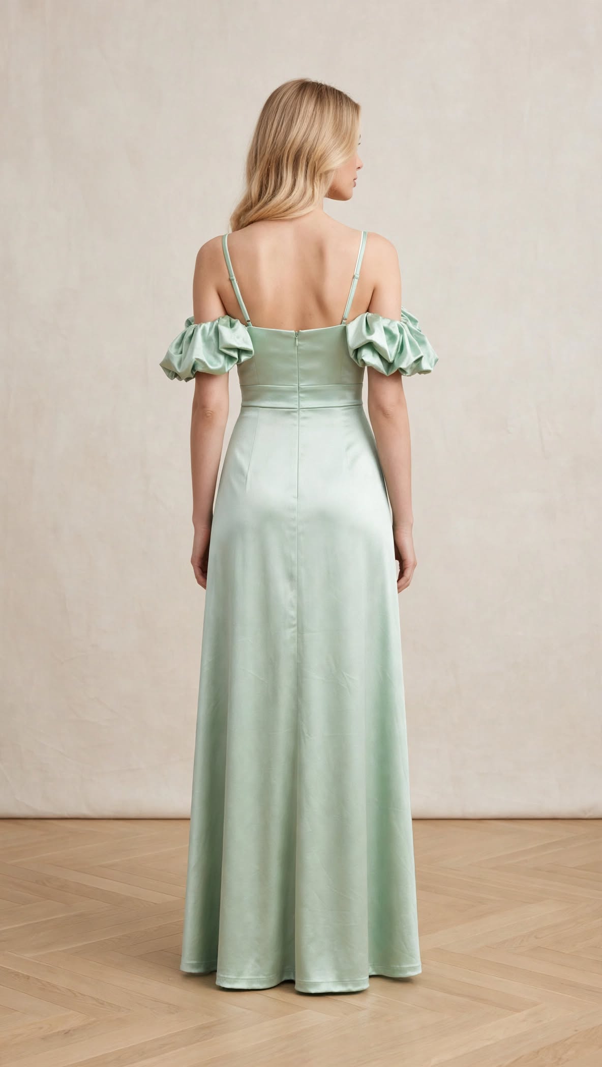 Rochie lungă verde mentă din satin cu volane
