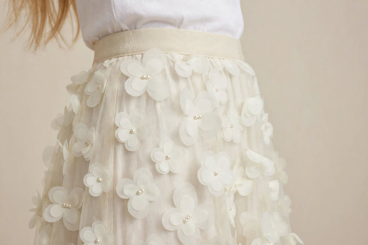 Fustă midi ivoire din tulle cu aplicații florale
