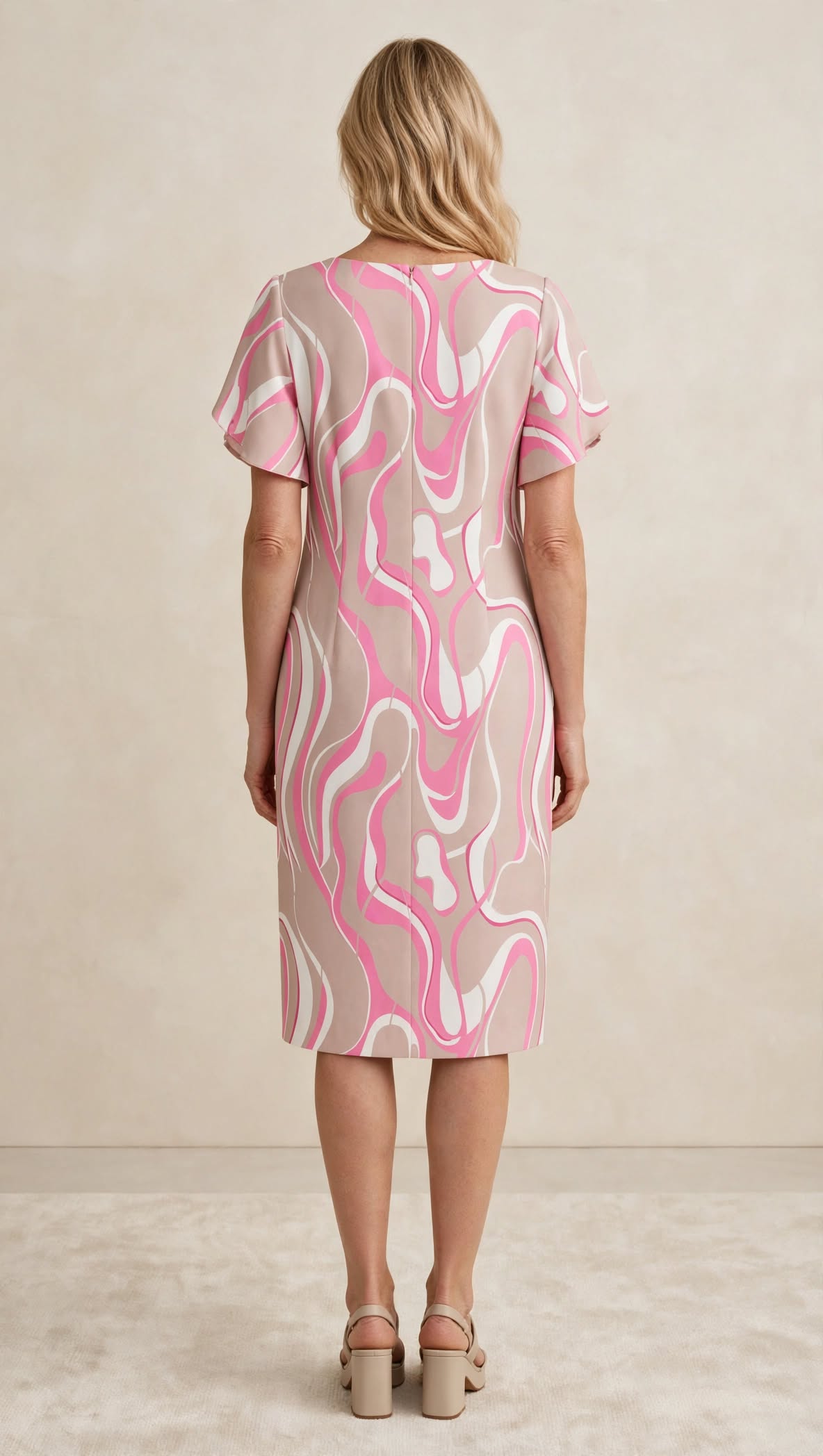 Rochie midi roz-bej cu imprimeu abstract
