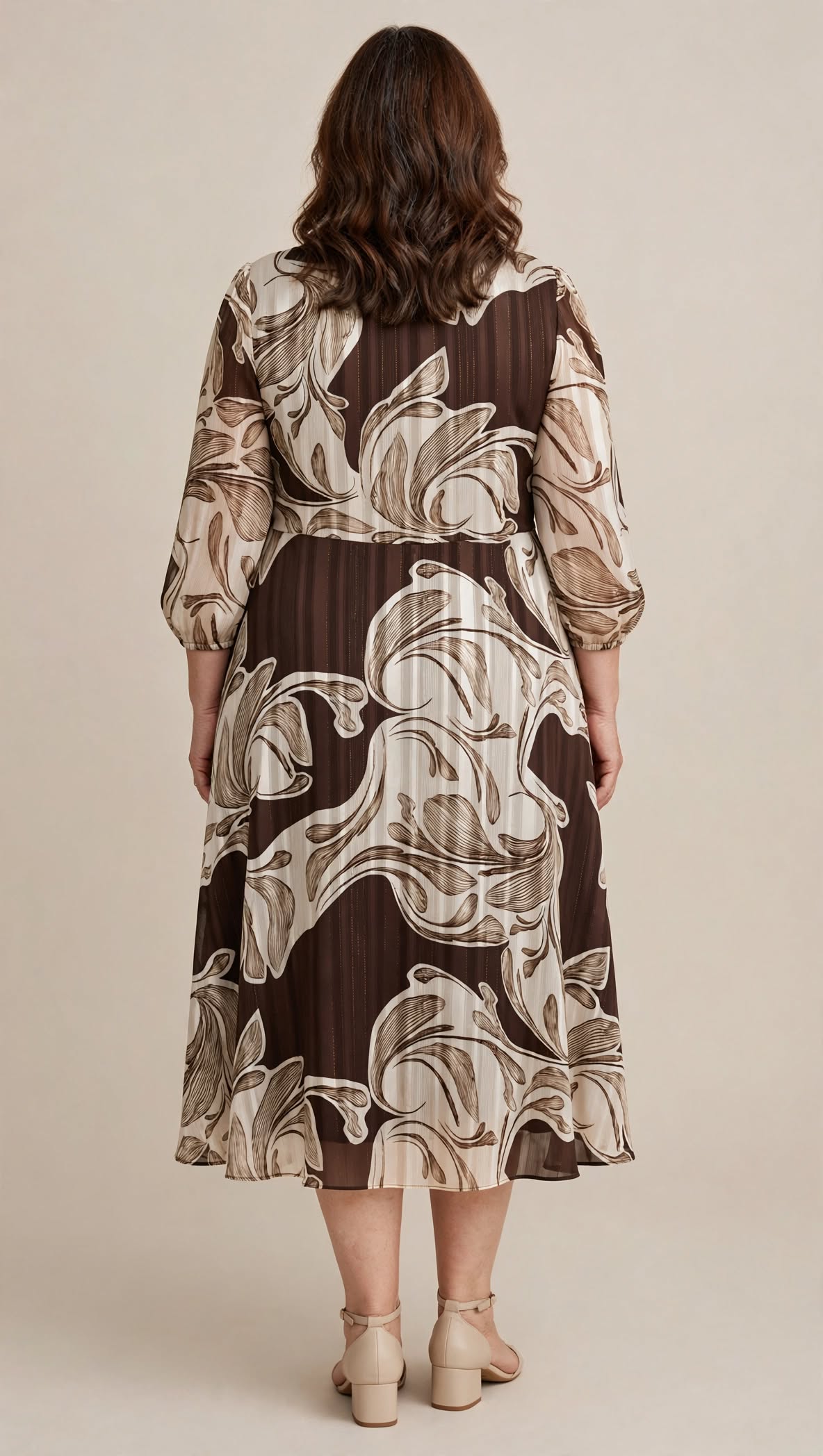 Rochie midi maro cu imprimeu floral abstract